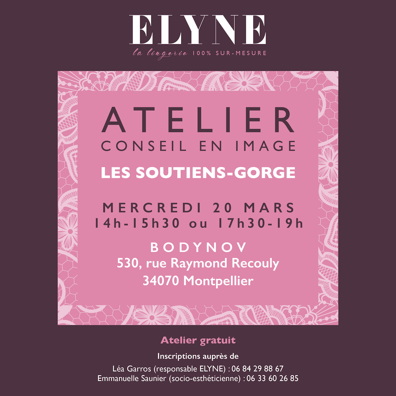 Un atelier gratuit de conseil en image pour des soutiens-gorge sur mesure le mercredi 20 mars 2019 dans les locaux de Bodynov.
